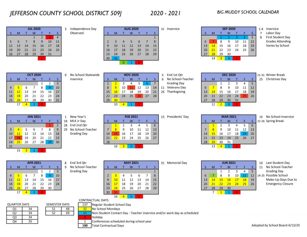 Jefferson Academy Secondary Calendar