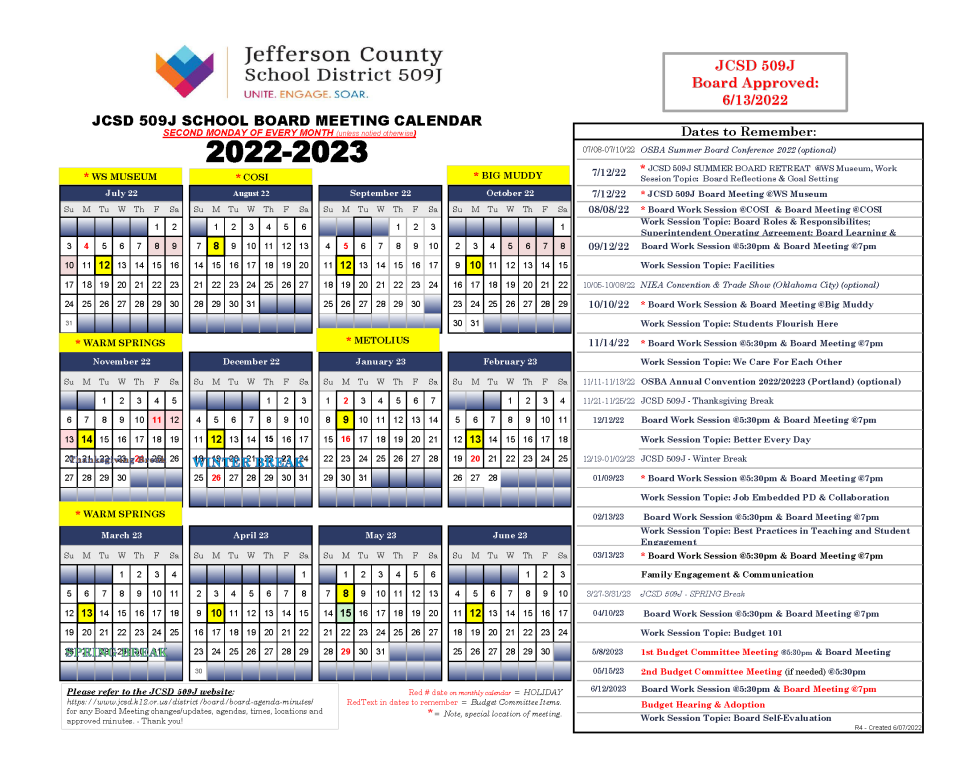 Board Calendar Jefferson County School District 509J