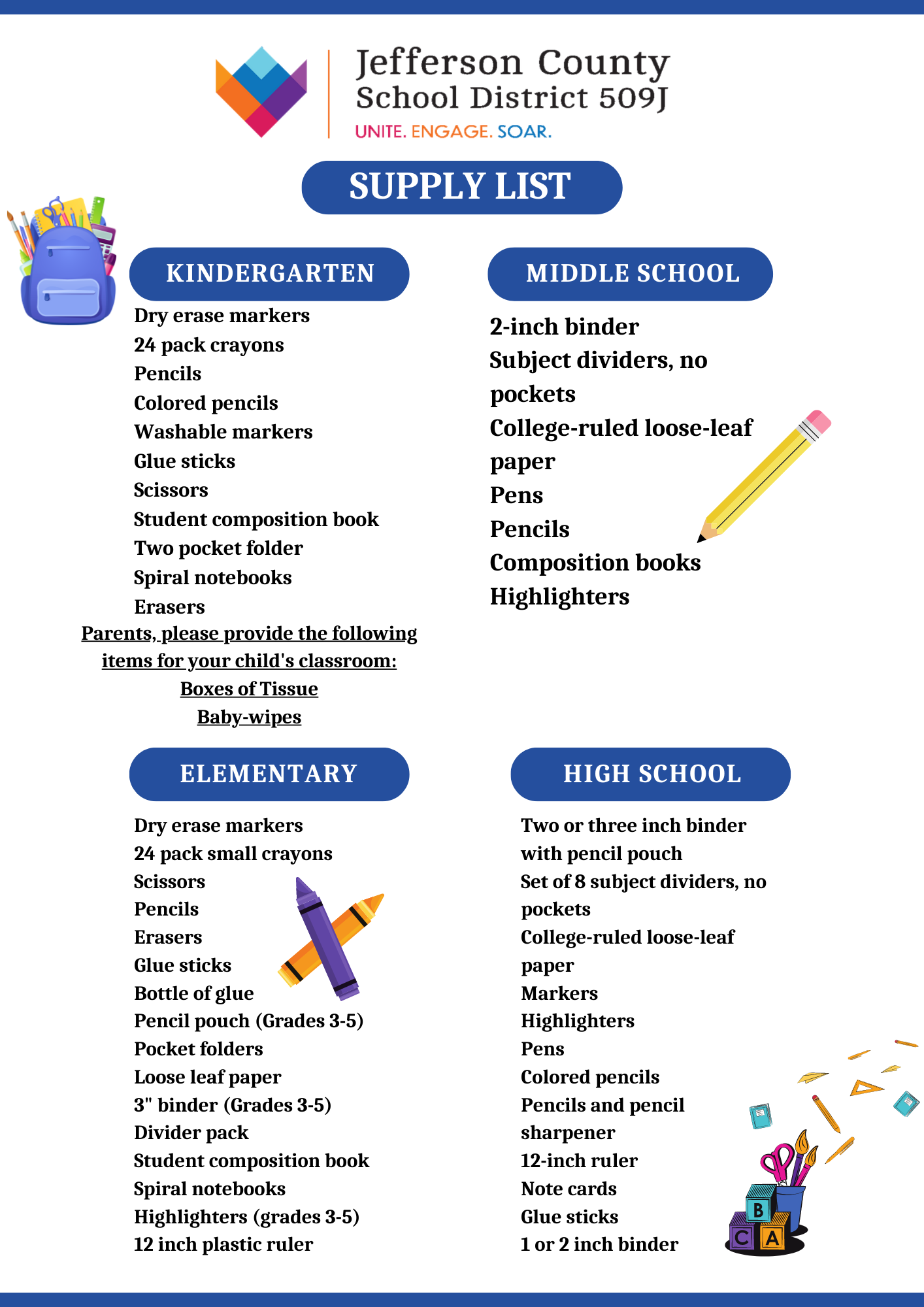 Jefferson County School District 509J providing basic school supplies